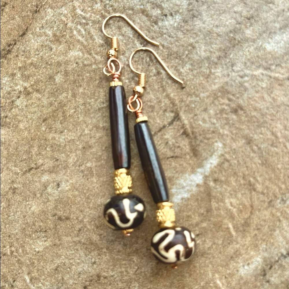 Tribal Boho Earrings African Trade Batik Bone and Ethnic Brass Lost Wax Beads